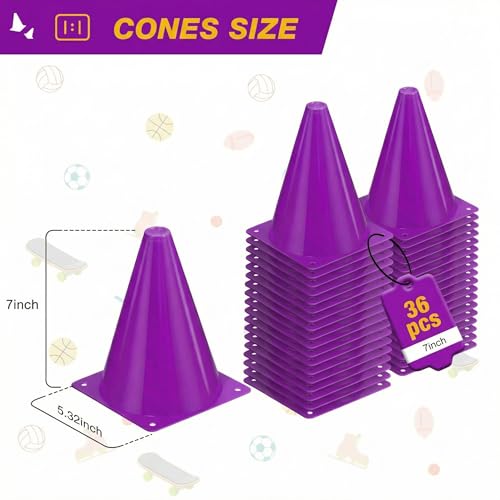 36pcs Cones 7 Inch Soccer Cones and Plastic Traffic Cones, Durable Cones for Sports Training, Ideal for Soccer, Basketball, Football, Skating, and Agility Drills Practice - color: purple