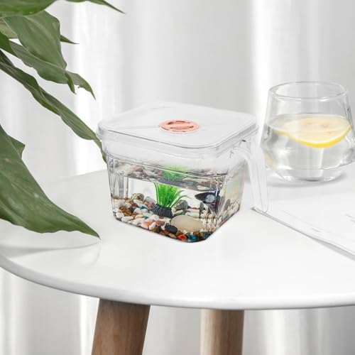 Happyyami Transparent Tank with Lid and Handle Shatterproof Small Aquarium for Desktop for Betta and Easy to Clean and Maintain