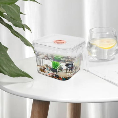 Happyyami Transparent Tank with Lid and Handle Shatterproof Small Aquarium for Desktop for Betta and Easy to Clean and Maintain