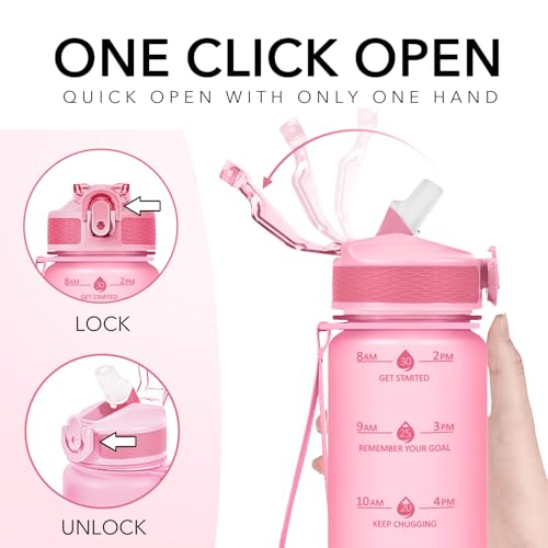 Hyeta Plastic Water Bottle With Straw & Time Marker, 32oz Leakproof Jug - color: Matte Pink