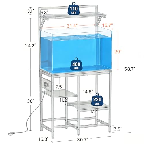 20-29 Gallon Fish Tank Stand, Aquarium Stand with Power Outlet, Heavy-Duty Reptile Terrarium Stand Table with Top Shelf for 20 Gal Long/High/Extra Long & 29 Gal, 30.7"L x 15.3"W x 30"H (Black) - size: 20-29 Gallon