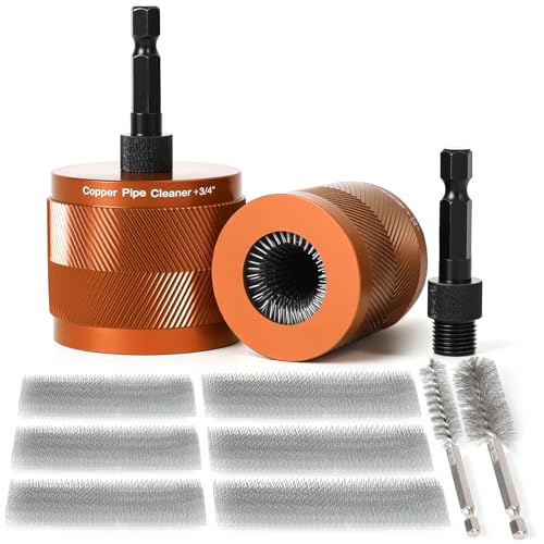 1/2" & 3/4" Copper Pipe Cleaner Set for Drill, with 1/4" Hex Shank & 6 Brush Blades & 2 Pipe Cleaning Brush, Plumbing Tools for Removing Rust, Stains & Paint from Copper & Metal Pipes, Orange - color: Orange, size: 1/2" & 3/4"