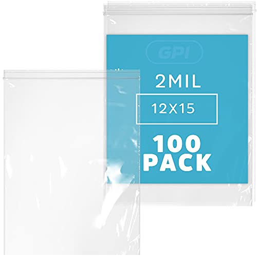 GPI - 12" x 15" Zip Bags, 100 Count, Clear Plastic Reclosable Zipper Poly Baggies, with Resealable Zip Top Lock. for Freezer, Apparel, Clothing, Food, Home & Office Supplies. - size: 12" x 15"