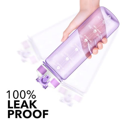 Hyeta Plastic Water Bottle With Straw & Time Marker, 32oz Leakproof Jug - color: Clear Wisteria