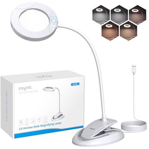 eSynic Desktop Magnifier with Light-40 LEDs- 5 Color Modes-10 Dimmable Brightness-Blue Light Blocking-5X & 10X Magnification-Flexible Gooseneck-Magnifying Lamp with Clamp & Base Stand– for Reading