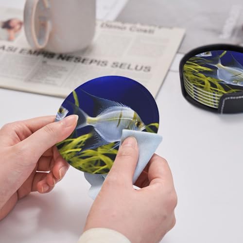 Cup Coaster Set for Home Decor Tabletop Protection Cup Mat PadRound Coasters for Drinks Set of 6 PU Leather Aquarium AngelfishCoasters with Holder 4" Drink Coasters for Coffee Table