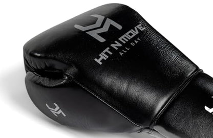 HIT N MOVE All Day Pro Balance Sparring and Bag Boxing Gloves LACE UP, Boxing Gloves Men & Women, Boxing Equipment, Sparring & Bag Gloves for Boxing, Kickboxing, Muay Thai, MMA - color: Black, size: 12 OZ