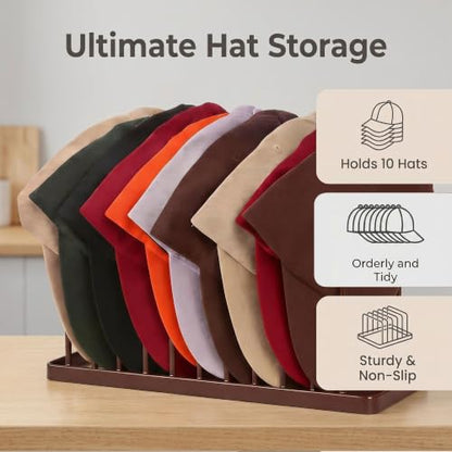 Hat Organizer for Baseball Caps - 2 Pack Hat Stand Holds 20 Caps | Heavy Duyt Hat Rack, Space Saving Hat Holder, No Assembly Required for Tabletop, Closet, Wardrobe, Preserves Hat Shape Brown - color: Brown 2 Pack