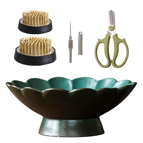 WEOPYCJ Japanese Ikebana, Lotus Shaped Ceramic Bowl Vase, Flower Arranging Supplies Kit with 2pc Round Floral Frog 1 Scissors 1 Kenzan Straightener