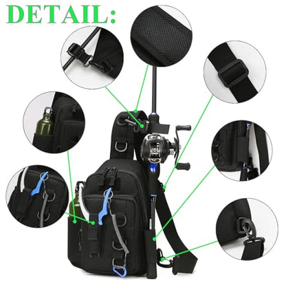 Fishing Sling Bag - Small Fishing Tackle Storage Bags with Rod Holder(Green)