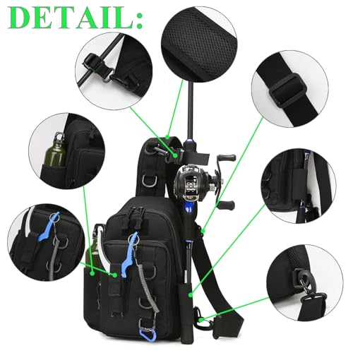 Fishing Sling Bag - Small Fishing Tackle Storage Bags with Rod Holder((Black)