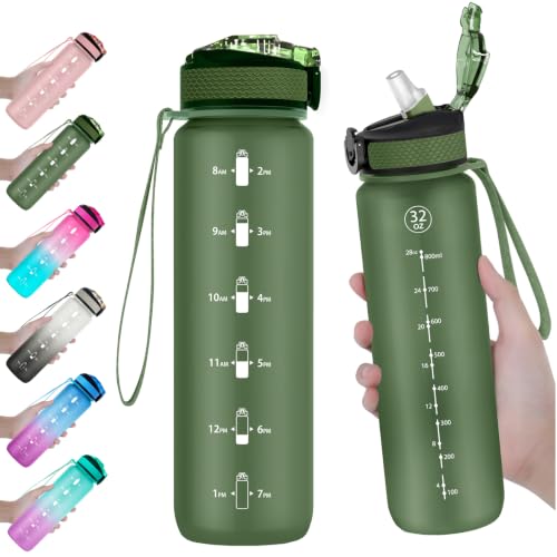 EYQ 32oz Water Bottle with Straw, Time Marker, Blue Purple - color: 8.Hunter Green