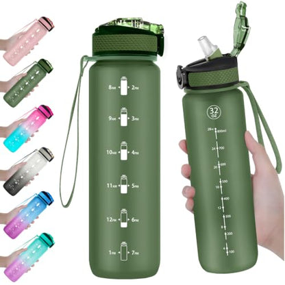 EYQ 32oz Water Bottle with Straw, Time Marker, Blue Purple - color: 8.Hunter Green