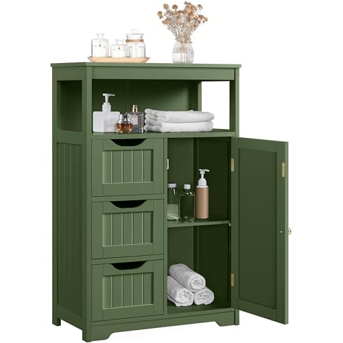 Yaheetech Bathroom Storage Cabinet, Storage Organizer with 1 Door and 3 Drawers, Adjustable Shelf, Free-Standing Floor Cabinet Cupboard for Kitchen/Living Room/Bathroom, Green - color: Green, size: 12"D x 22"W x 34"H