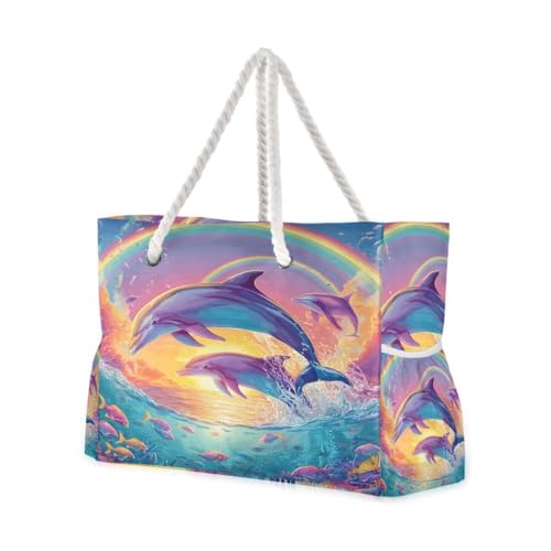 senya Large Beach Bags Totes Canvas Tote Shoulder Bag Soft Wave Water Resistant Bags for Gym Travel Daily Ocean - color: Dolphin Ocean Rainbow
