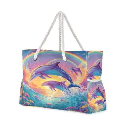 senya Large Beach Bags Totes Canvas Tote Shoulder Bag Soft Wave Water Resistant Bags for Gym Travel Daily Ocean - color: Dolphin Ocean Rainbow
