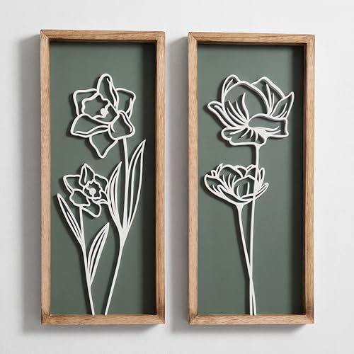 3D Floral Green Wall Art (Set of 2) Lightweight, Wooden Ready-to-Hang Boho Framed Wall Art for Bathroom, Bedroom, Living Room or Office – Premium Sage Green Farmhouse Decor – Gift-Boxed - color: Green, size: 7" x 16"