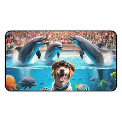 Dog Training Dolphins at an Aquarium - Vibrant Colors Rubber Base Smooth Surface Premium Desk Mat