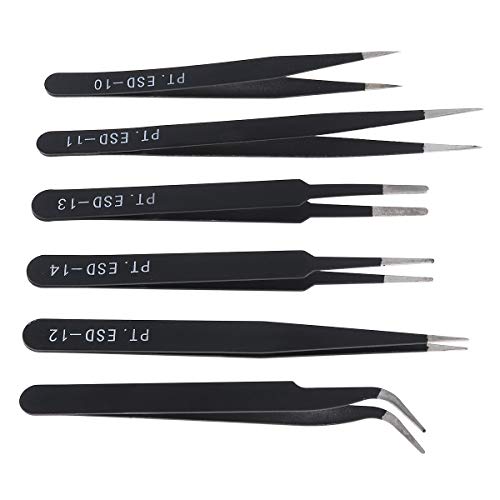 6PCS Precision Tweezers Set, ESD Tweezers Set, Anti-Static Stainless Steel Tweezers, Non-magnetic Curved Tweezers Set, Electronics Tweezers Kit for Jewelry, Craft, Electronics