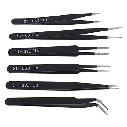 6PCS Precision Tweezers Set, ESD Tweezers Set, Anti-Static Stainless Steel Tweezers, Non-magnetic Curved Tweezers Set, Electronics Tweezers Kit for Jewelry, Craft, Electronics