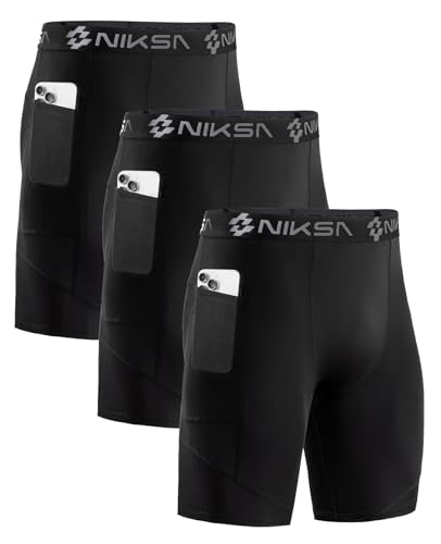 Niksa 1/2 Pack Mens Compression Shorts with Pocket, Performance Spandex Athletic Sports Workout Running Underwear Shorts - color: 3*black, size: Small