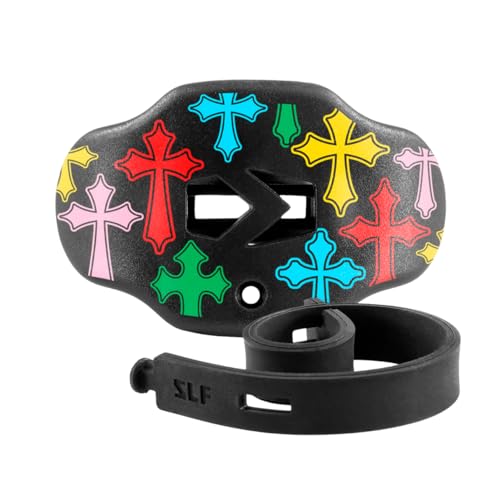 SLEEFS Classic Football Mouthguard with Bold Designs and Removable Strap - color: Crosses Chroma Black