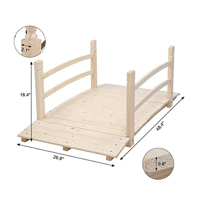 VINGLI 4 ft Garden Bridge, Arch Walkway Wooden Bridge with Safety Rails Natural Finished, Decorative Landscaping Footbridge for Koi Pond, Dry Creek Bed, Garden Pathway or Japanese Zen Decor