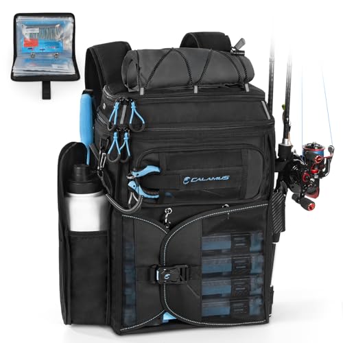 Calamus GearMaster Tackle Backpack with Bait Binder, Large Lightweight Water-Resistant Fishing Bag, Rod Holders, Food Storage - color: Black