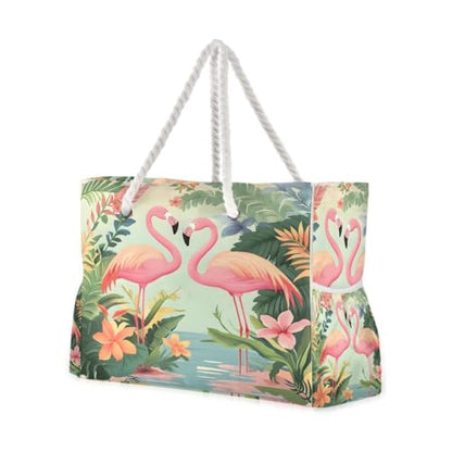senya Large Beach Bags Totes Canvas Tote Shoulder Bag Soft Wave Water Resistant Bags for Gym Travel Daily Ocean - color: Pink Flamingo