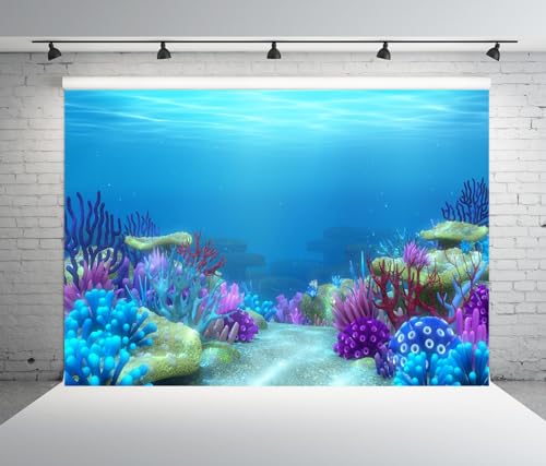 BELECO 10x6.5ft Fabric Under The Sea Backdrop Blue Ocean Underwater World Coral Reef Aquarium Background Undersea Party Decors Birthday Shoot Portrait Photoshoot Studio Booth Props