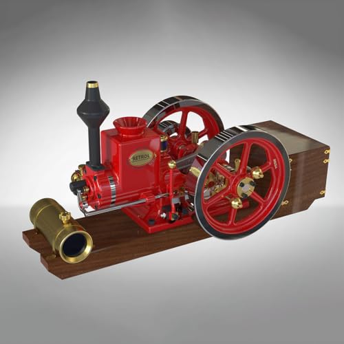 Retrol HM-01 Assembled Hit and Miss Engine Model Complete Set, 4-Stroke Horizontal Internal Combustion Engine with Base, Fuel Tank, CDI Igniter and Spark Plug, Red - color: Assembled Set/Red