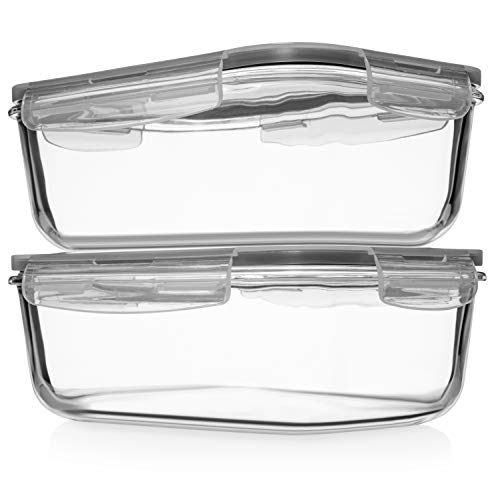 8 Cups/ 63 Oz 4 Piece (2 containers + 2 Lids) Large Glass Food Storage/ Baking Containers with Locking Lids . Ideal for Storing food, vegetables or fruits. BPA Free & Leak Proof -Microwave, Oven Safe - color: Gray