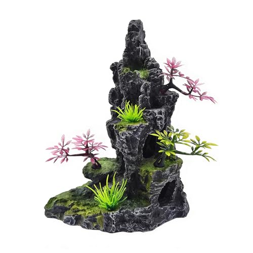 Small and Medium-Sized Aquarium Mountain Landscape Stone Decoration, Resin Rock Water Scenery cave Plant Decoration Fish Tank Accessories Beta Hidden cave Rockery Landscape -7.9 inches high