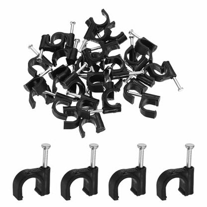 HARFINGTON 120pcs Cable Clips with Nail 9mm ID Circular Single Half Clamp J-Hook with Nail Cord Clips for Wires on Wall for Ethernet Tacks Coax Pex Tubing Pipe Support, Black - size: 9mm ID