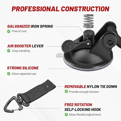 RED WOLF Heavy Duty 65MM Suction Cup Anchor Tie Down with Rotatable Hanging Hook Hold up to 22 LBs/10KG Each for Outdoor Camping Tarp Car Window Ceiling Awning RV Board Boat Vehicle Glass Surfing 2PC - size: 65MM Suction Cup