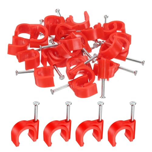 HARFINGTON 50pcs Cable Clips with Nail 16mm Thicken Circular Single Half Clamp J-Hook with Nail Cord Clips for Wires on Wall for Ethernet Tacks Coax Pex Tubing Pipe Support, Red - color: Red, size: 16mm