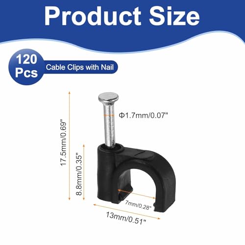 HARFINGTON 120pcs Cable Clips with Nail 7mm ID Circular Single Half Clamp J-Hook with Nail Cord Clips for Wires on Wall for Ethernet Tacks Coax Pex Tubing Pipe Support, Black - size: 7mm ID