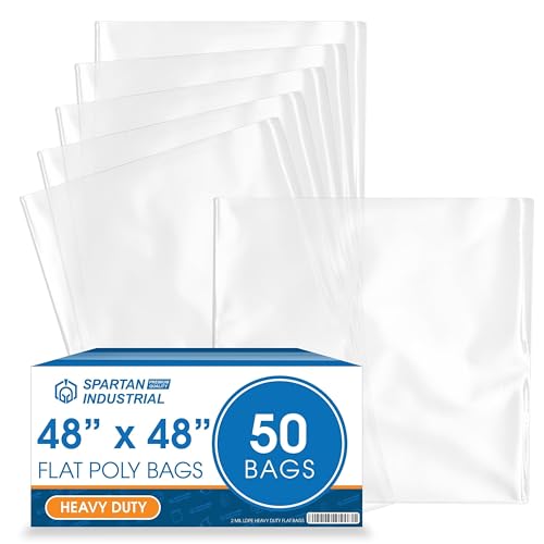 48" X 48" Open-End Flat Poly Bags (50 Count) - 2 Mil Clear Plastic Bags for Packaging, Shipping, Storage - No Adhesive Strip - Spartan Industrial - size: 48” X 48”