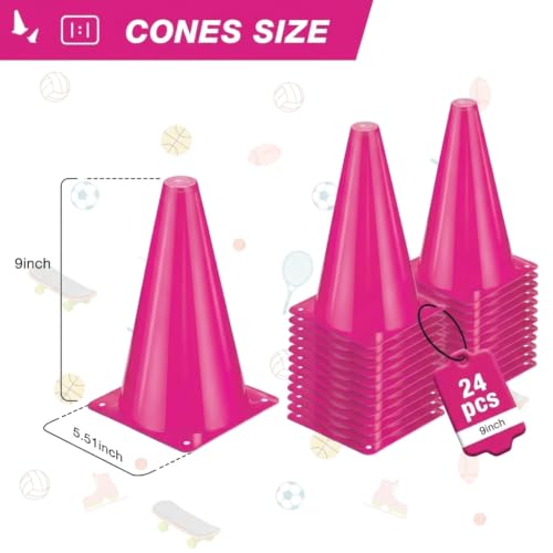 24pcs Cones 9 Inch Soccer Cones and Plastic Traffic Cones, Durable Cones for Sports Training, Ideal for Soccer, Basketball, Football, Skating, and Agility Drills Practice - color: pink