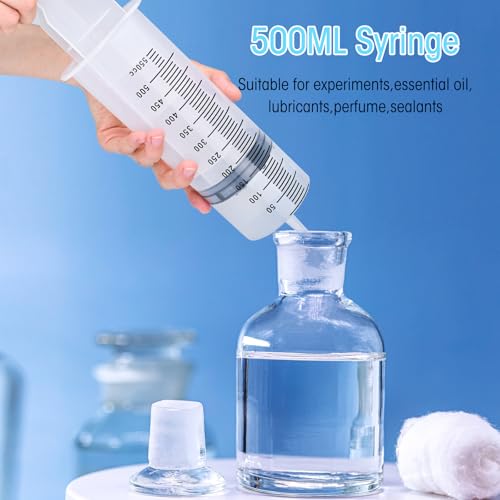 500ml Syringes without Needle for Liquid, Large Plastic Syringe with Adapter for Pet Feeding, Plant Irrigation, Scientific Labs, Measuring Liquids, Individually Wrapped, 2 Pack