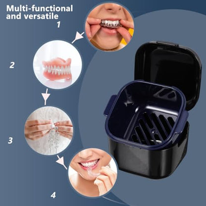 Tofficu Denture Bath Case Cup Box Portable False Teeth Holder Storage Soak Container Orthodontic Retainer Case with Strainer Basket for Travel Cleaning (Black)