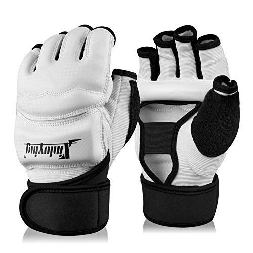 Xinluying Professional MMA Protective Gloves for Men & Women | 10mm EVA Padding+27cm Wrist Band, Palm Grip Strip, Premium leather, For Boxing, Kickboxing, Muay Thai, Taekwondo, Sparring... - color: White, size: Medium