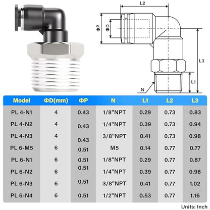 TAILONZ PNEUMATIC Male Elbow 6mm Tube OD x 1/2 Inch NPT Thread 90 Push to Connect Fittings PL6-N4 (Pack of 10) - size: 0.236'' OD 1/2''MNPT