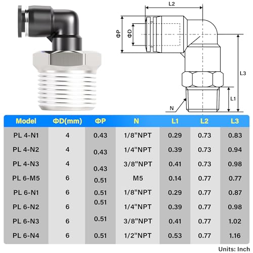 TAILONZ PNEUMATIC Male Elbow 6mm Tube OD x 1/2 Inch NPT Thread 90 Push to Connect Fittings PL6-N4 (Pack of 10) - size: 0.236'' OD 1/2''MNPT