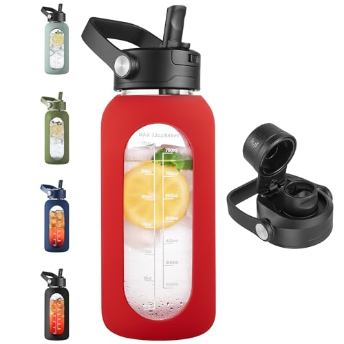 CIVAGO 32 oz Glass Water Bottle with Detachable Straw and Time Maker - color: Red, size: 32 Ounces