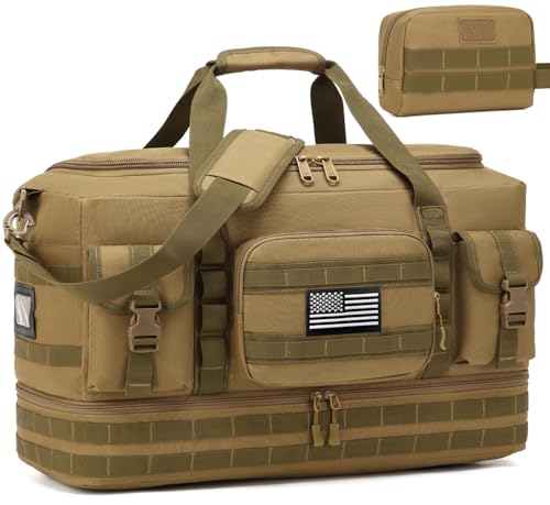 Tactical Duffle Bag - Gym Bag for Men with Shoe Compartment & Toiletry Bag | Carry on Luggage Mens Overnight Bag for Gym, Travel, Brown - color: Brown