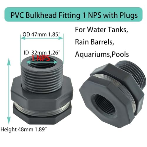 YSIL PVC Bulkhead Fitting 1 Inch Female Water Tank Connector with Plugs Pipe Fitting for 1-7/8"(48 mm) Water Tanks,Rain Barrels, Aquariums,Pools 5 Pack