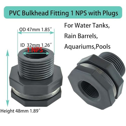 YSIL PVC Bulkhead Fitting 1 Inch Female Water Tank Connector with Plugs Pipe Fitting for 1-7/8"(48 mm) Water Tanks,Rain Barrels, Aquariums,Pools 5 Pack