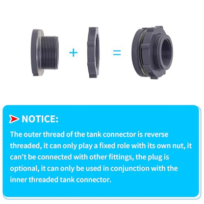 ChillWaves PVC Bulkhead Fitting 1-1/2" Double Thread Connector Adapter for Water Tank, Aquariums, Rain barrels(4-PACK)