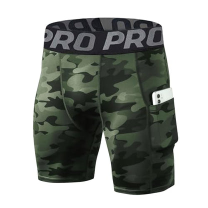LANBAOSI Mens Compression Shorts with Phone Pocket Running Gym Yoga Athletic Tights Baselayer Summer Cool Dry Underwear Pack - color: Camo Green, size: Medium